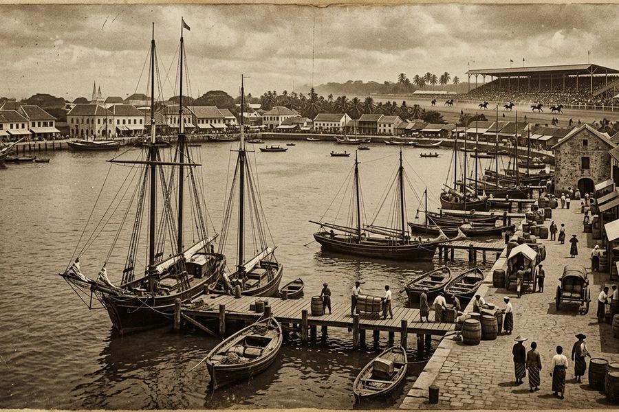 Suasana kota pelabuhan era kolonial Hindia Belanda dengan sirkuit pacuan kuda di kejauhan bernuansa foto tua sepia
