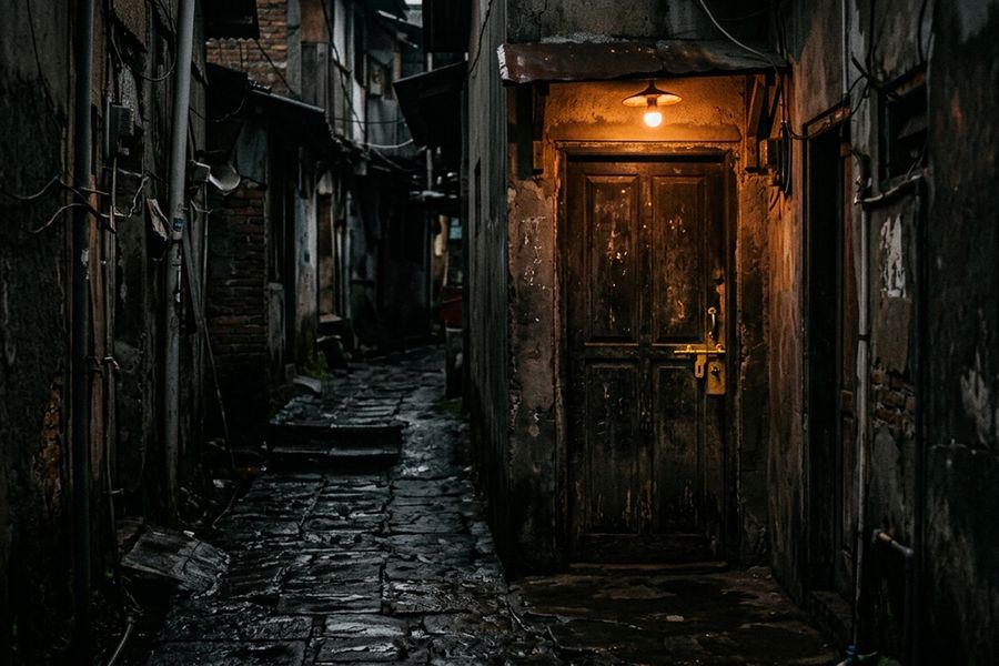 Gang sempit kampung lama di malam hari dengan satu lampu jingga menyinari pintu kayu tertutup